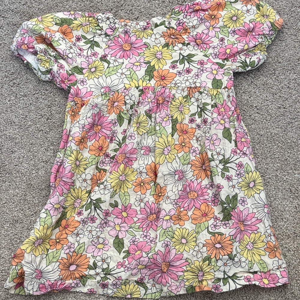 Zara White Floral Puff-Sleeve Dress with Pink, Yellow, Orange Flowers